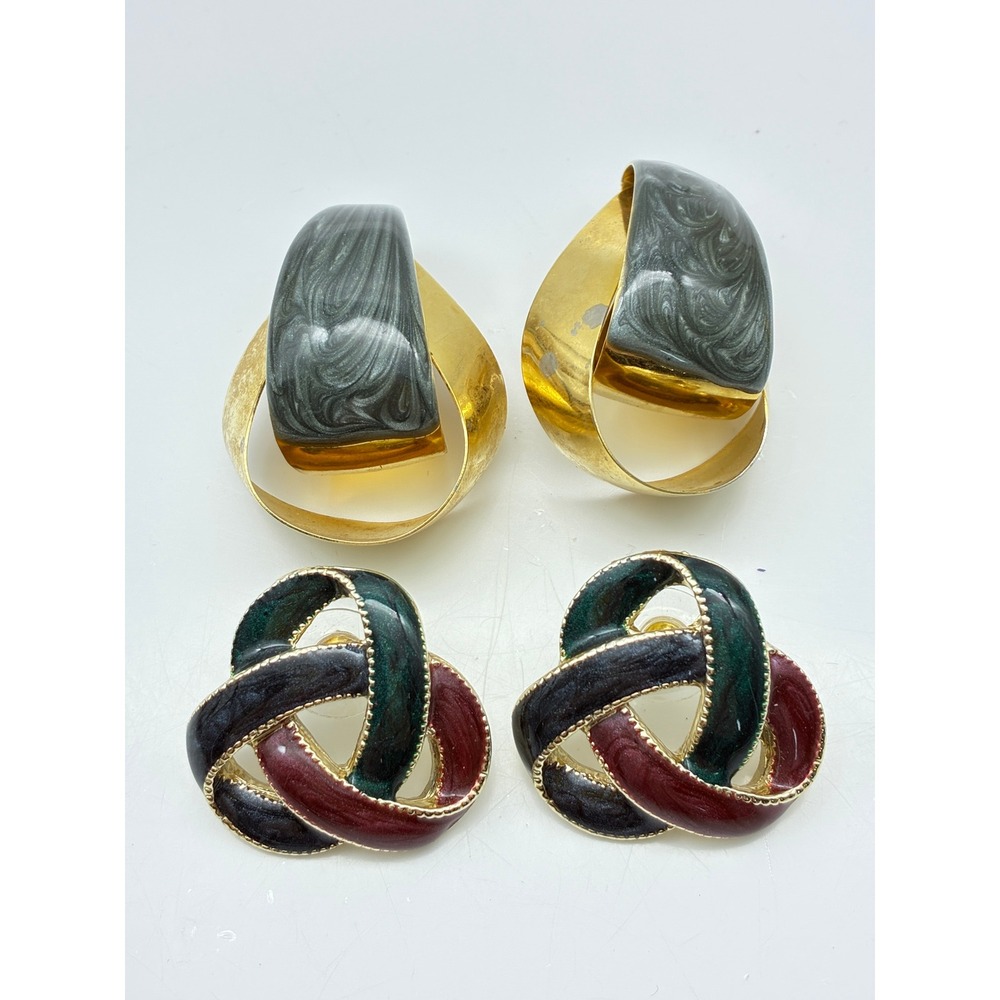 Vintage 80s Gold Tone Enamel Love Knot and Marbled Resin Ribbon Earring Lot of 2